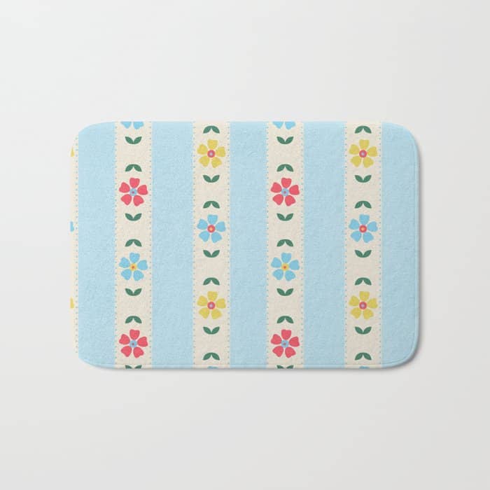 Granny Style Vintage Florals And Light Blue Stripes Bath Mat