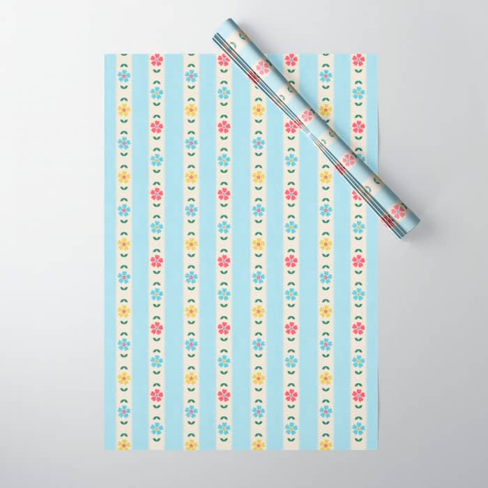 Granny Style Vintage Florals And Light Blue Stripes Wrapping Paper