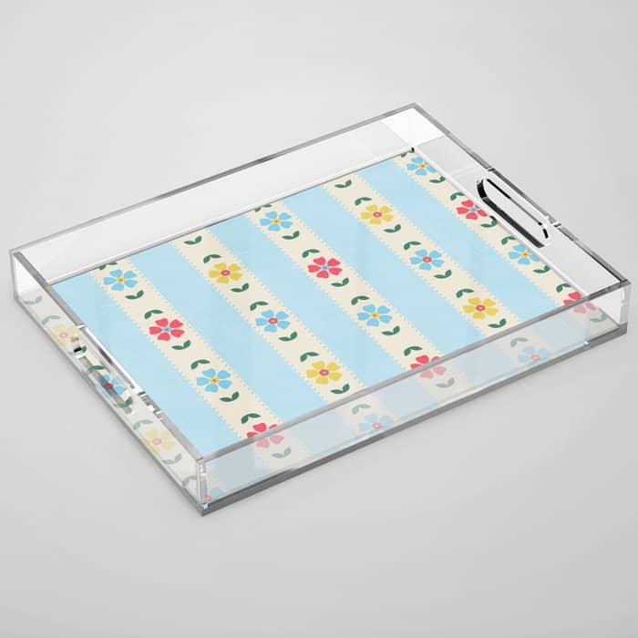 Granny Style Vintage Florals And Light Blue Stripes Acrylic Tray