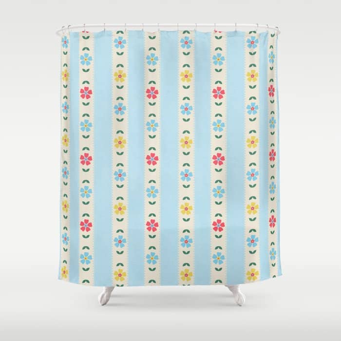 Granny Style Vintage Florals And Light Blue Stripes Shower Curtain
