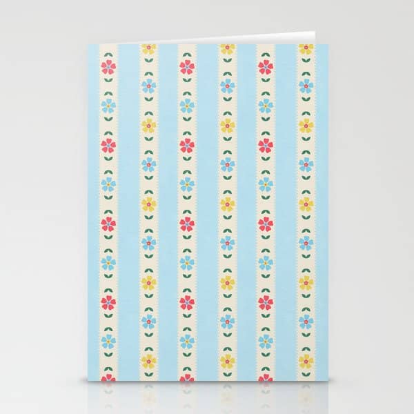 Granny Style Vintage Florals And Light Blue Stripes Stationery Card