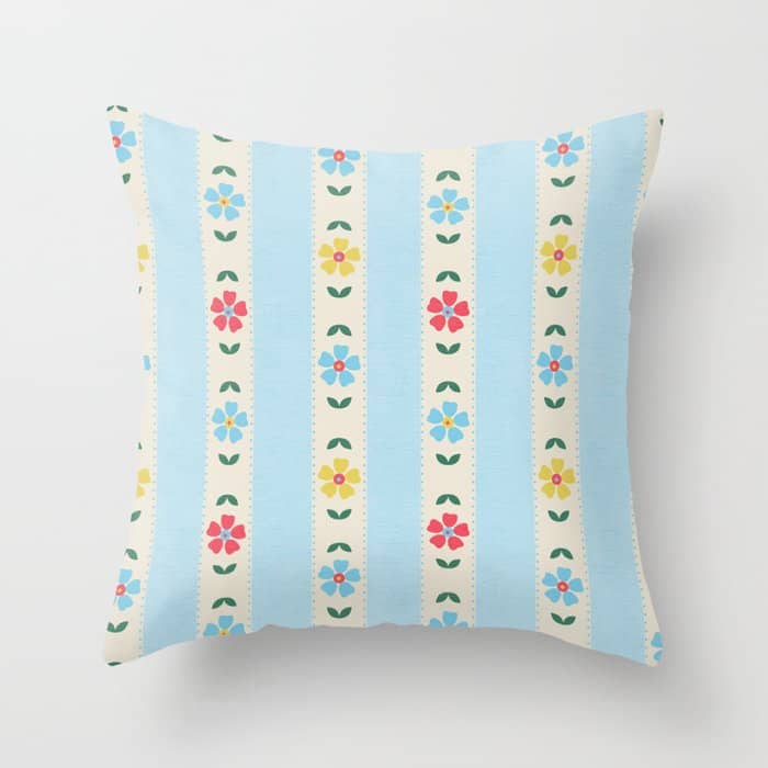 Granny Style Vintage Florals And Light Blue Stripes Throw Pillow