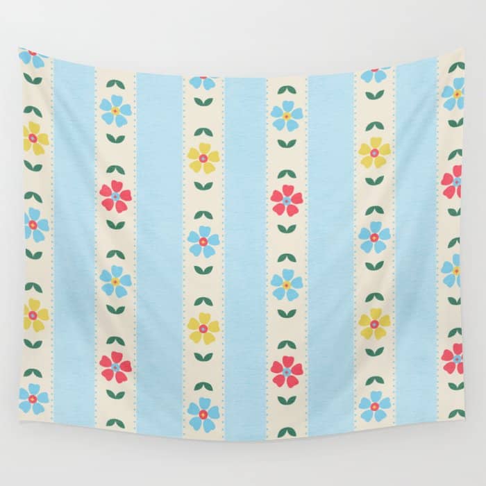 Granny Style Vintage Florals And Light Blue Stripes Wall Tapestry
