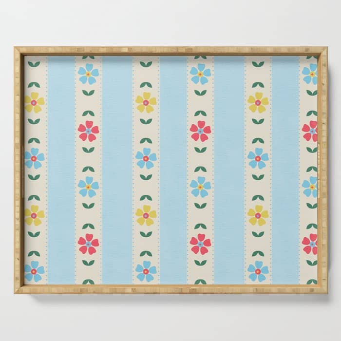 Granny Style Vintage Florals And Light Blue Stripes Serving Tray