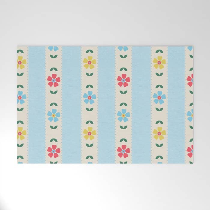 Granny Style Vintage Florals And Light Blue Stripes Welcome Mat