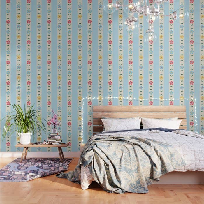 Granny Style Vintage Florals And Light Blue Stripes Wallpaper