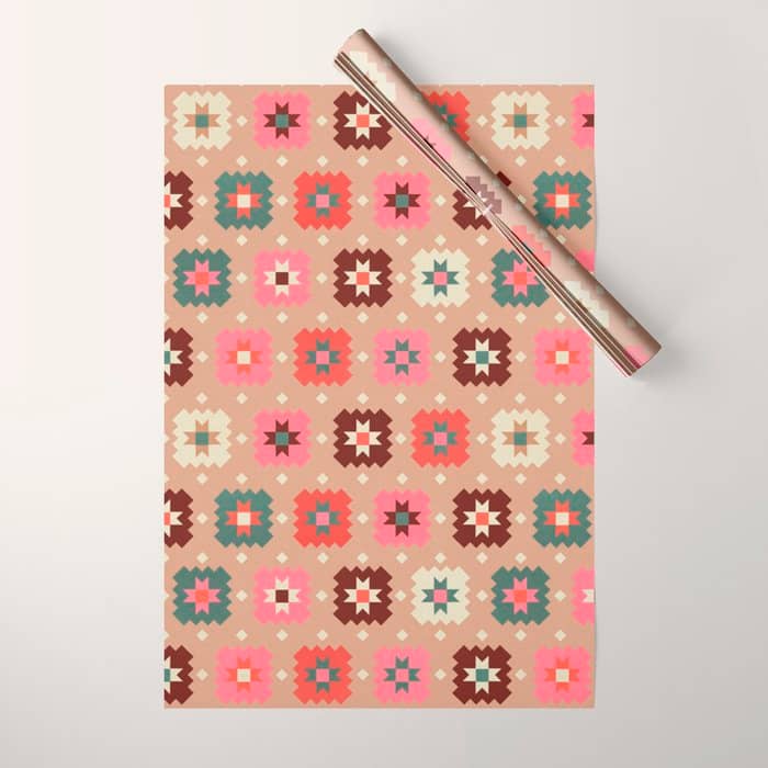 Festive Winter Quilt Tiles With Stars Wrapping Paper