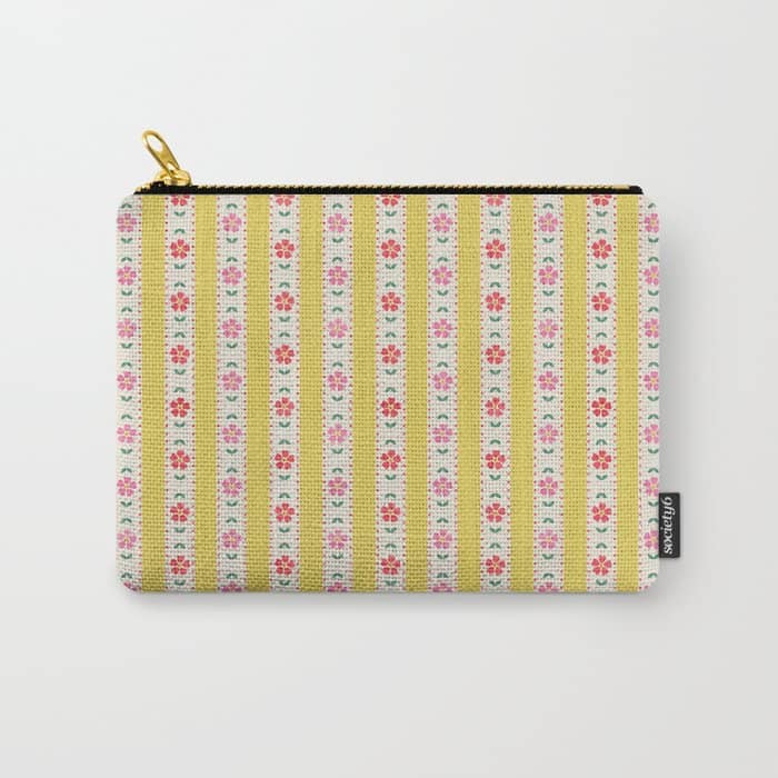 Granny Style Vintage Florals On Yellow Stripes Carry All Pouch