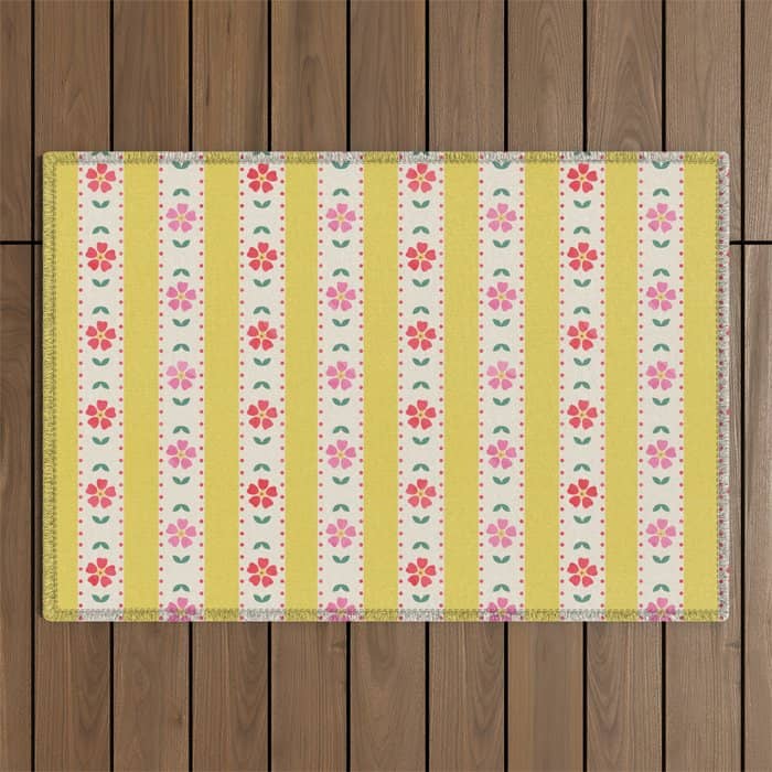 Granny Style Vintage Florals On Yellow Stripes Outdoor Rug