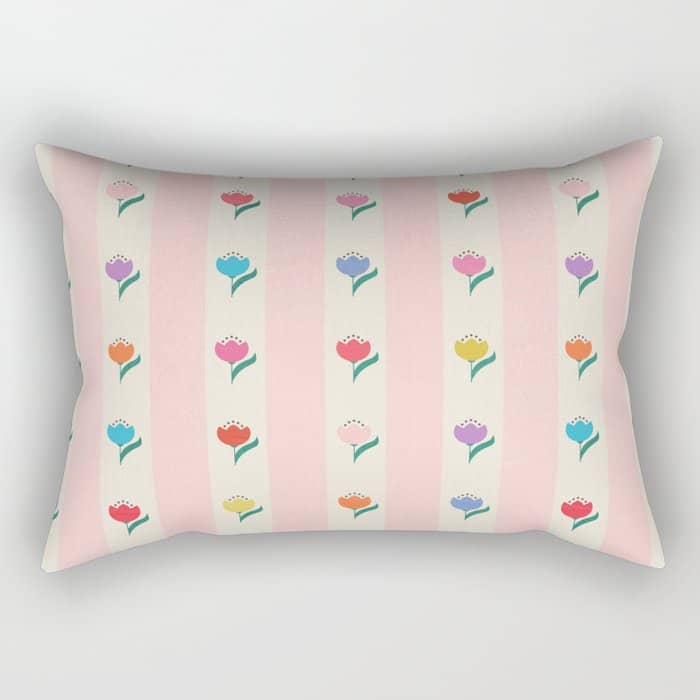Cheery Tulips On Pink And Cream Vertical Stripes Rectangular Pillow