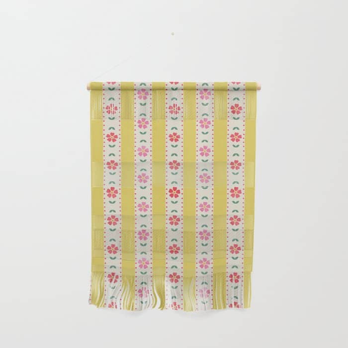 Granny Style Vintage Florals On Yellow Stripes Wall Hanging