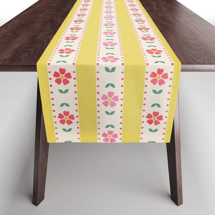 Granny Style Vintage Florals On Yellow Stripes Table Runner