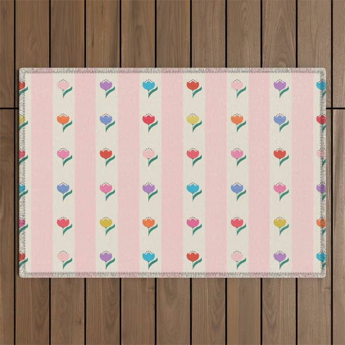 Cheery Tulips On Pink And Cream Vertical Stripes Outdoor Rug