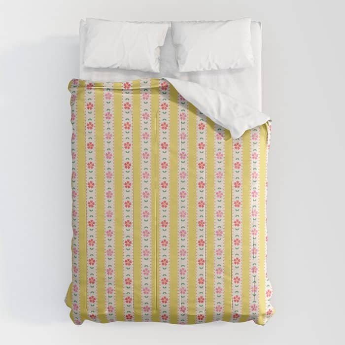 Granny Style Vintage Florals On Yellow Stripes Comforter