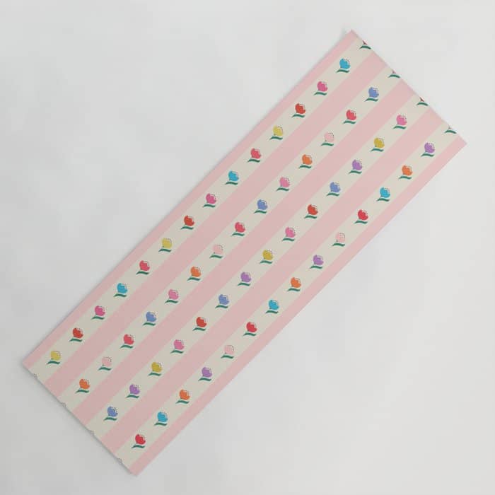 Cheery Tulips On Pink And Cream Vertical Stripes Yoga Mat
