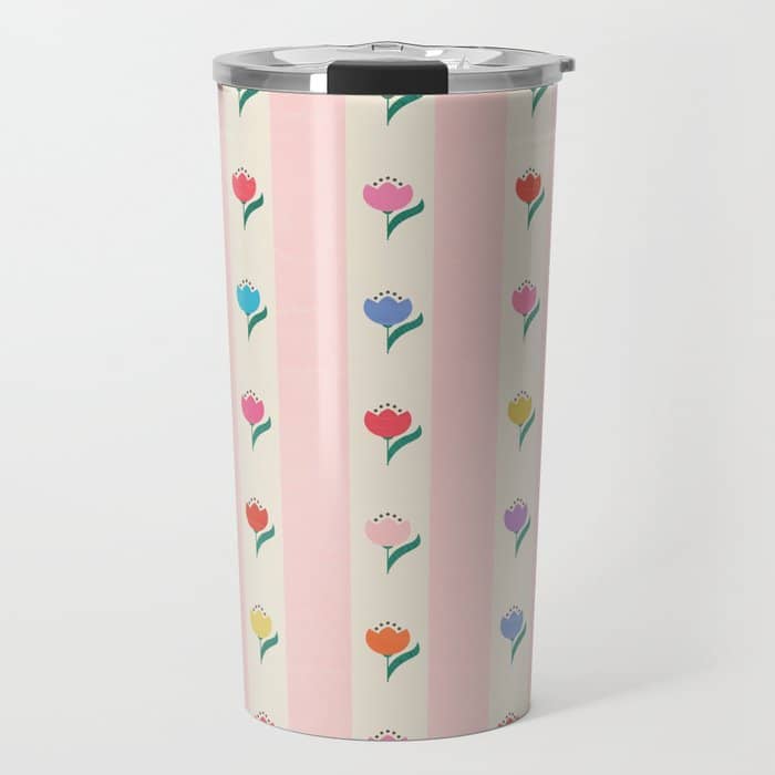 Cheery Tulips On Pink And Cream Vertical Stripes Travel Mug