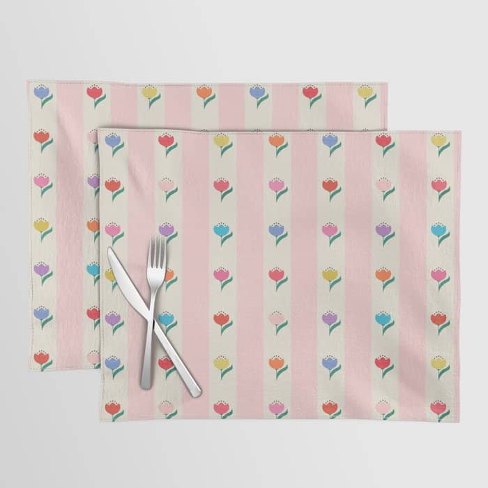 Cheery Tulips On Pink And Cream Vertical Stripes Placemat