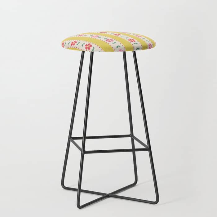 Granny Style Vintage Florals On Yellow Stripes Stool