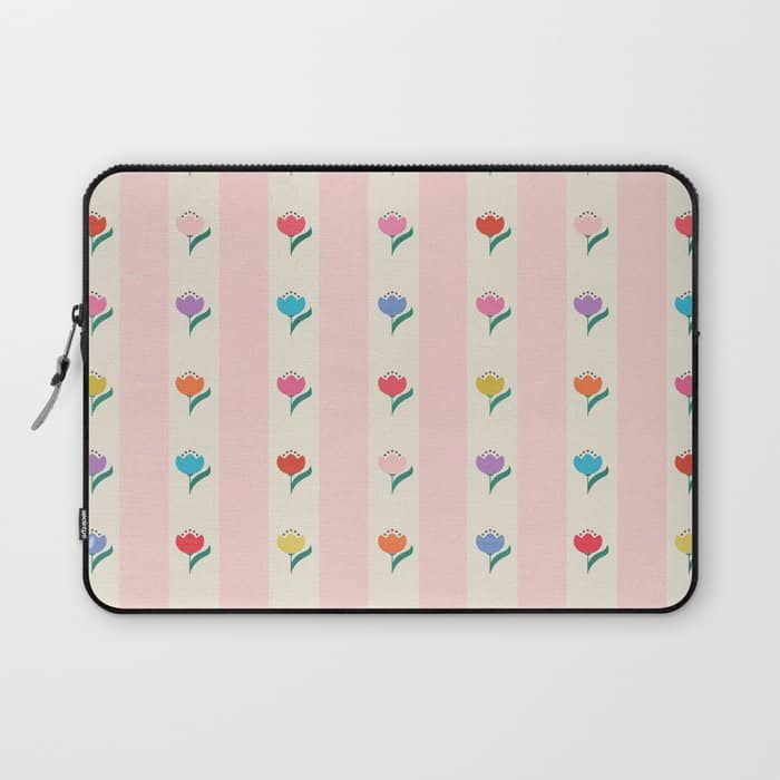 Cheery Tulips On Pink And Cream Vertical Stripes Laptop Sleeve