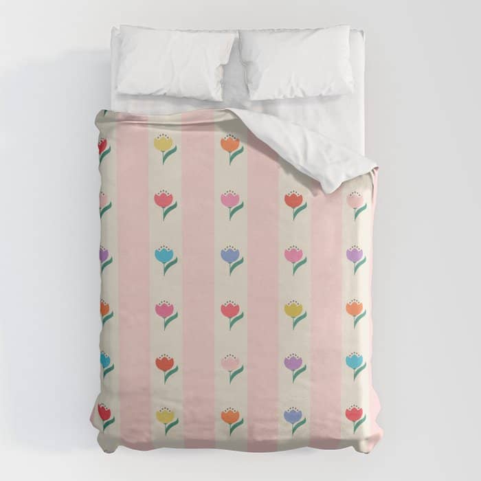 Cheery Tulips On Pink And Cream Vertical Stripes Duvet Cover