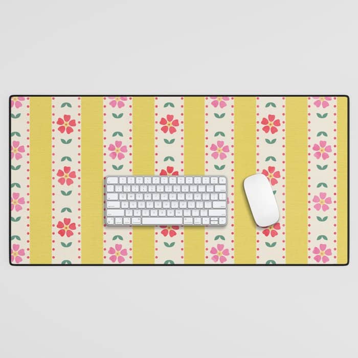Granny Style Vintage Florals On Yellow Stripes Desk Mat