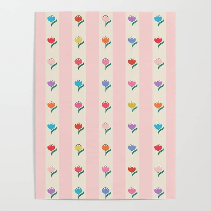 Cheery Tulips On Pink And Cream Vertical Stripes Poster
