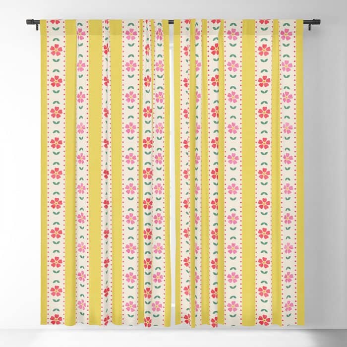 Granny Style Vintage Florals On Yellow Stripes Window Curtain