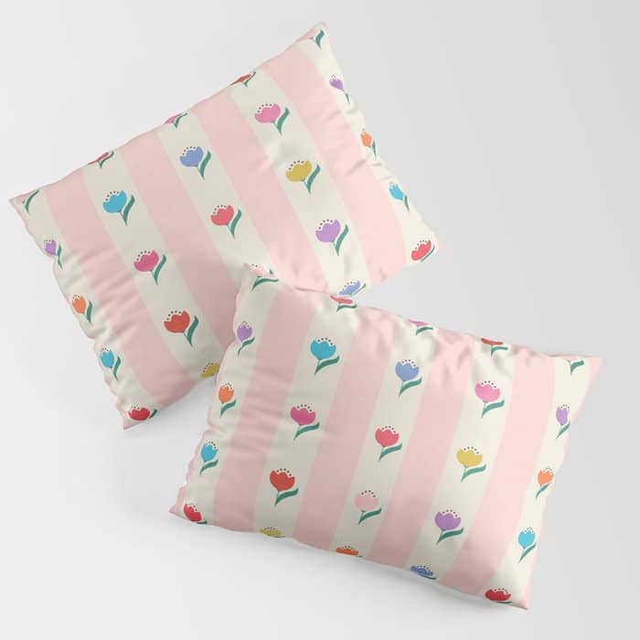 Cheery Tulips On Pink And Cream Vertical Stripes Pillow Sham