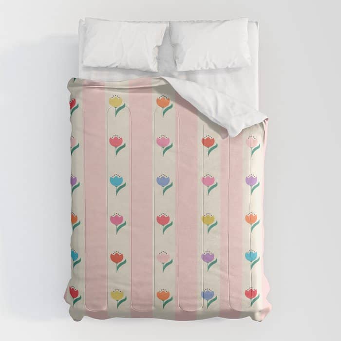 Cheery Tulips On Pink And Cream Vertical Stripes Comforter