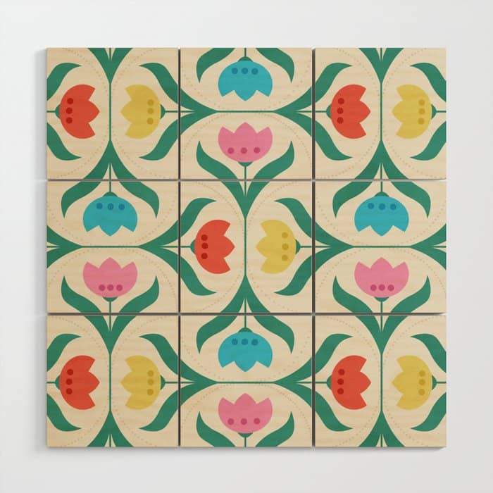 Vintage Tulips Patchwork Pattern Wood Wall Art