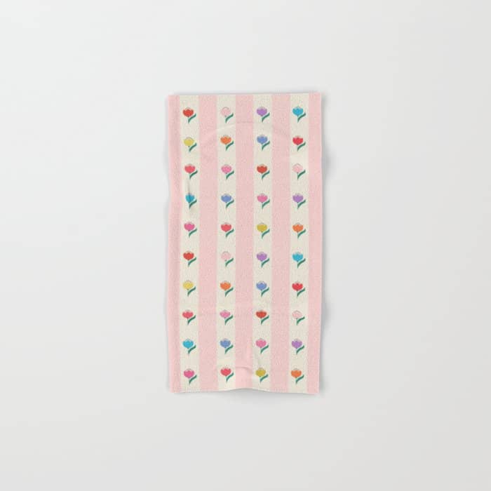 Cheery Tulips On Pink And Cream Vertical Stripes Bath Towel
