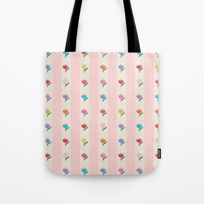 Cheery Tulips On Pink And Cream Vertical Stripes Tote Bag