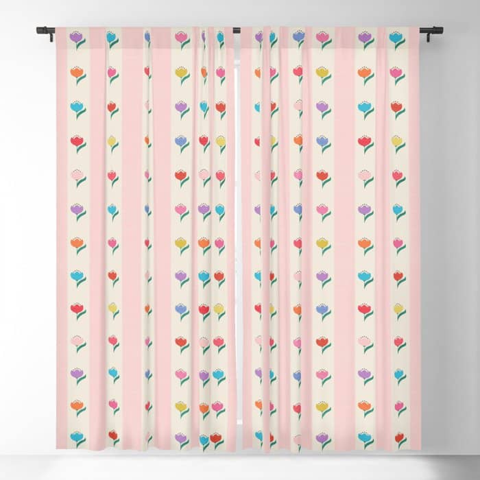 Cheery Tulips On Pink And Cream Vertical Stripes Window Curtain