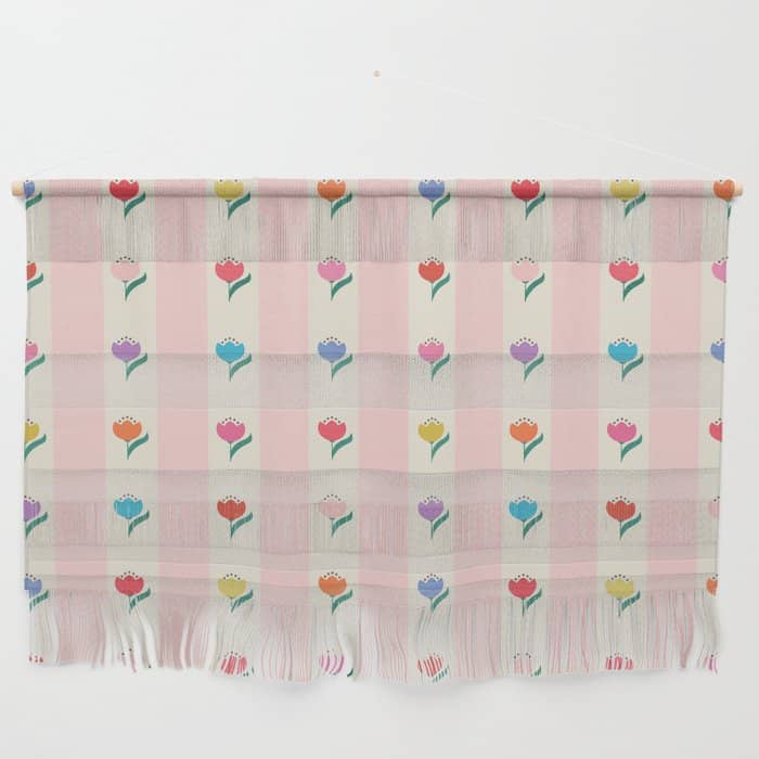 Cheery Tulips On Pink And Cream Vertical Stripes Wall Hanging