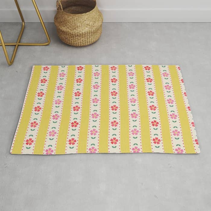 Granny Style Vintage Florals On Yellow Stripes Rug