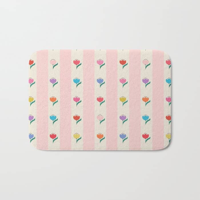 Cheery Tulips On Pink And Cream Vertical Stripes Bath Mat