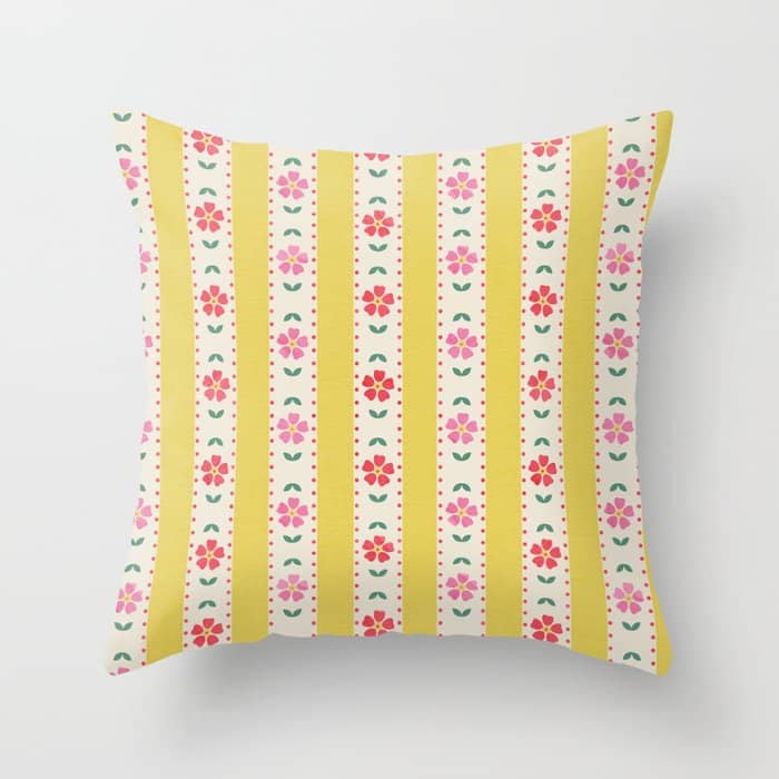 Granny Style Vintage Florals On Yellow Stripes Throw Pillow