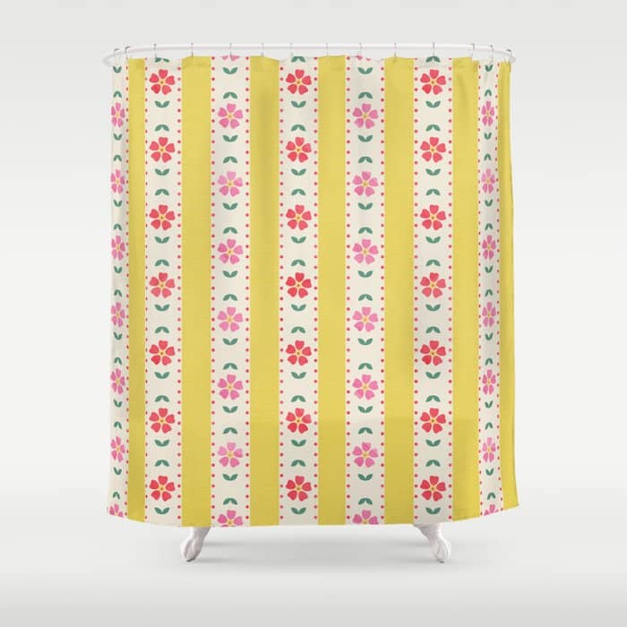 Granny Style Vintage Florals On Yellow Stripes Shower Curtain