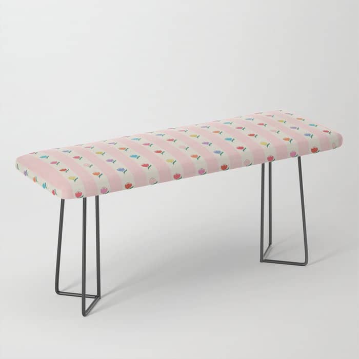 Cheery Tulips On Pink And Cream Vertical Stripes Bench
