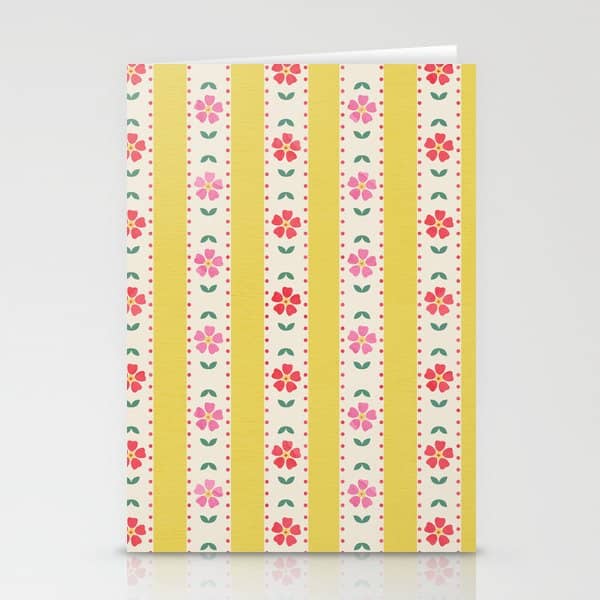 Granny Style Vintage Florals On Yellow Stripes Stationery Card