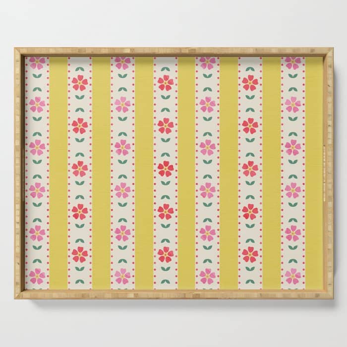 Granny Style Vintage Florals On Yellow Stripes Serving Tray
