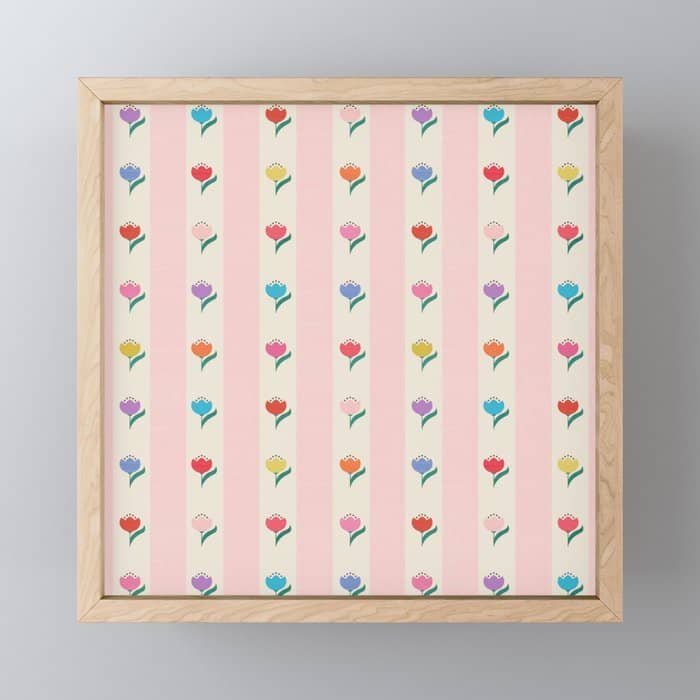 Cheery Tulips On Pink And Cream Vertical Stripes Mini Art Print