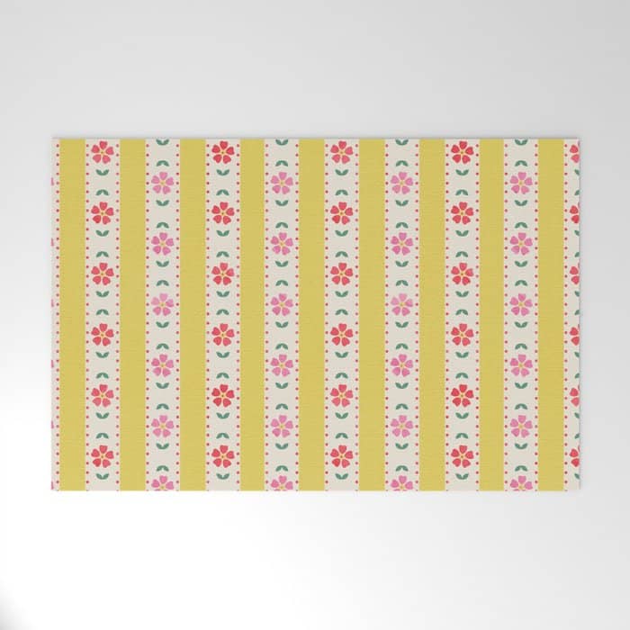 Granny Style Vintage Florals On Yellow Stripes Welcome Mat