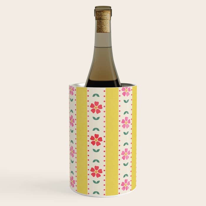 Granny Style Vintage Florals On Yellow Stripes Wine Chiller