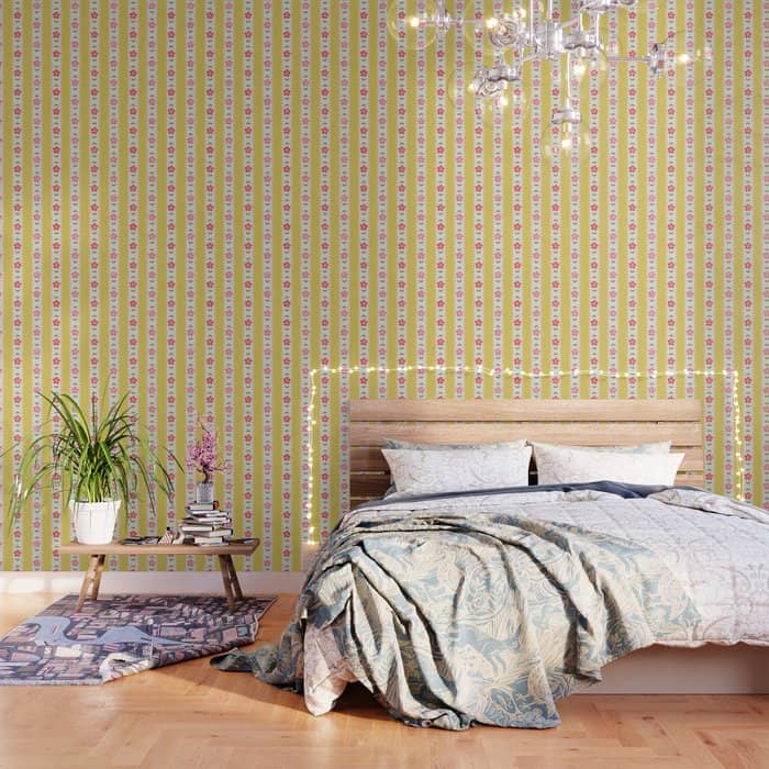 Granny Style Vintage Florals On Yellow Stripes Wallpaper