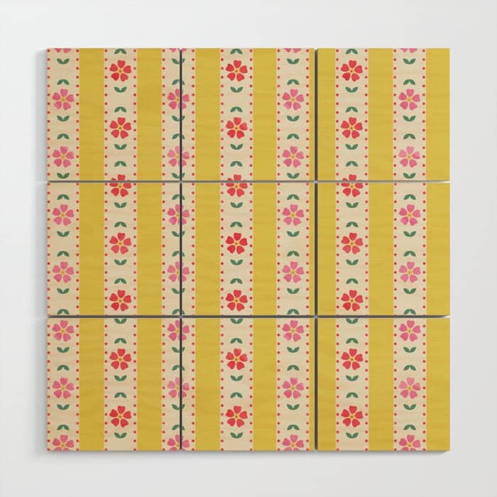 Granny Style Vintage Florals On Yellow Stripes Wood Wall Art