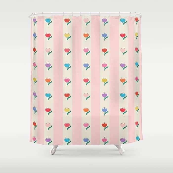 Cheery Tulips On Pink And Cream Vertical Stripes Shower Curtain