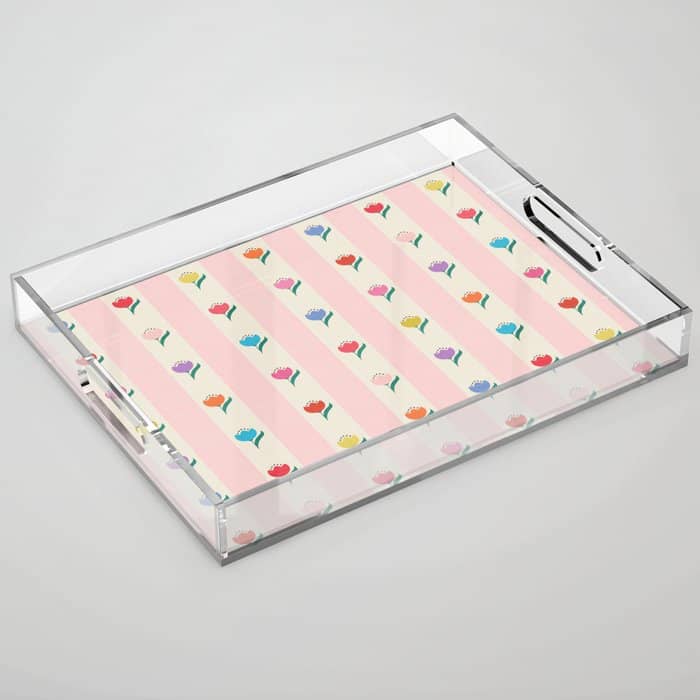 Cheery Tulips On Pink And Cream Vertical Stripes Acrylic Tray
