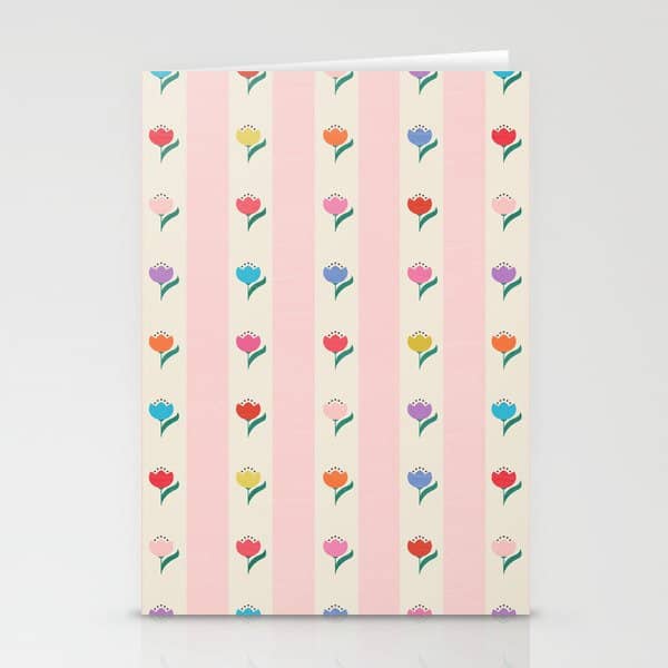 Cheery Tulips On Pink And Cream Vertical Stripes Stationery Card