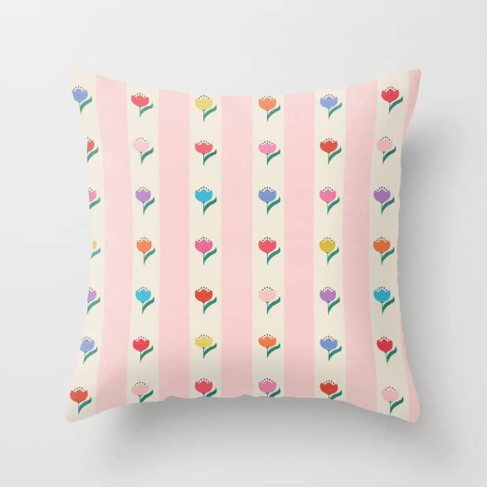 Cheery Tulips On Pink And Cream Vertical Stripes Throw Pillow
